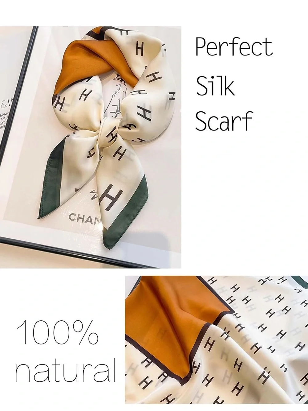 Silk-Look Neck Scarf in Cream, Gold & Dark Green